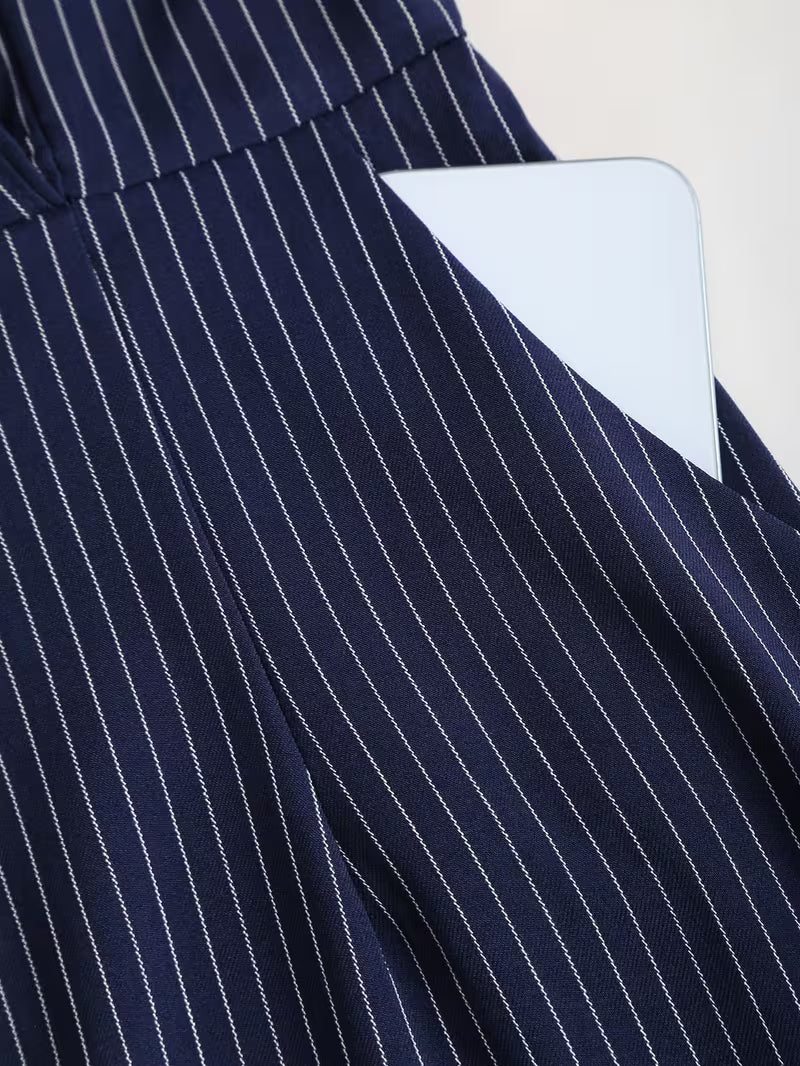 Women's Striped Midi Dress With Notched Lapel And Belted Pencil Cut Style - Image 5