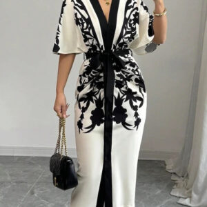 Women's Floral Print Belted Midi Dress With Deep V-Neck And Batwing Sleeves Button-Front