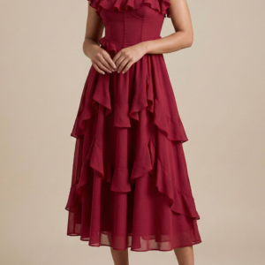 Women’s Layered Ruffle Midi Dress With Flutter Sleeves For Everyday Wear