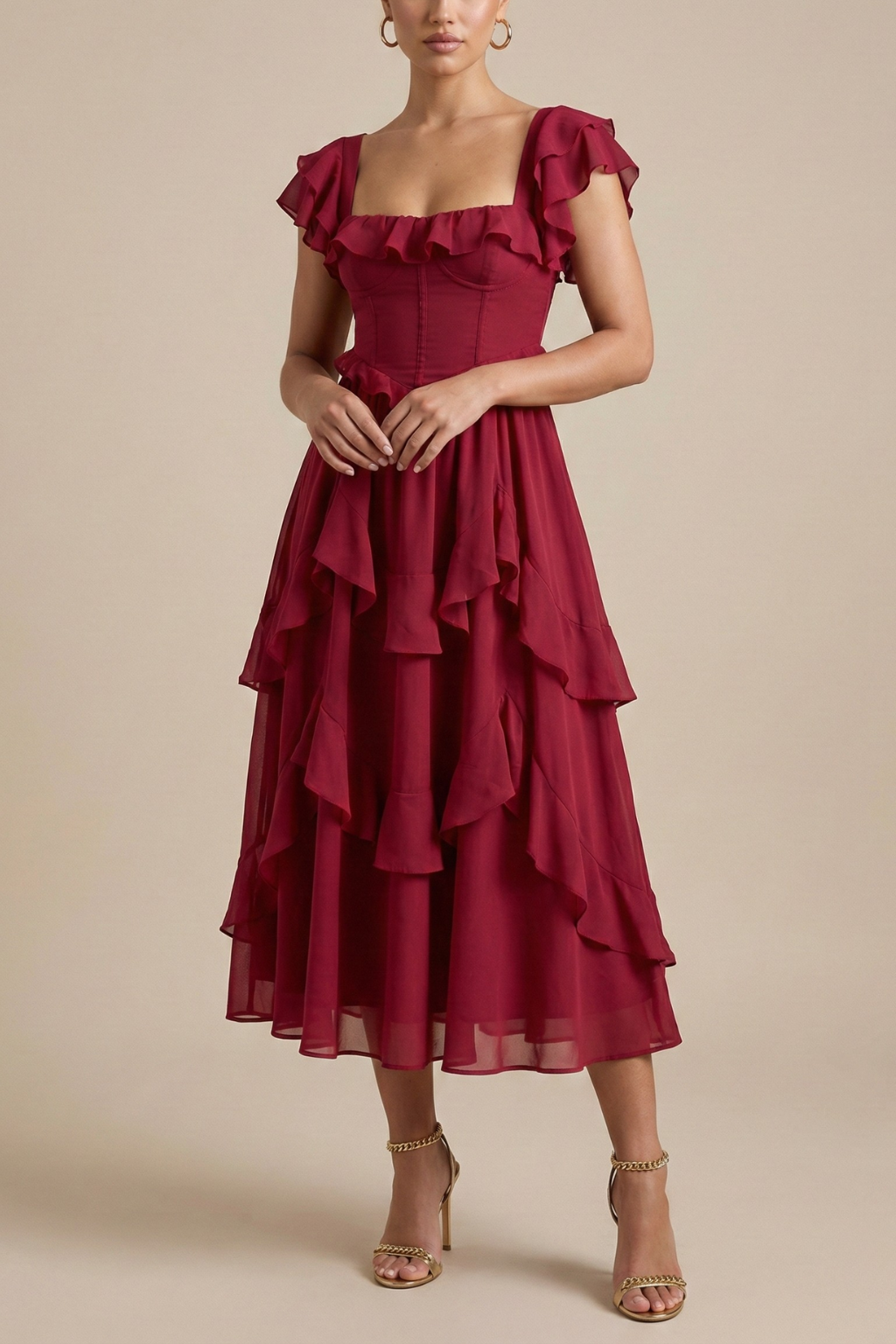 Women’s Layered Ruffle Midi Dress With Flutter Sleeves For Everyday Wear