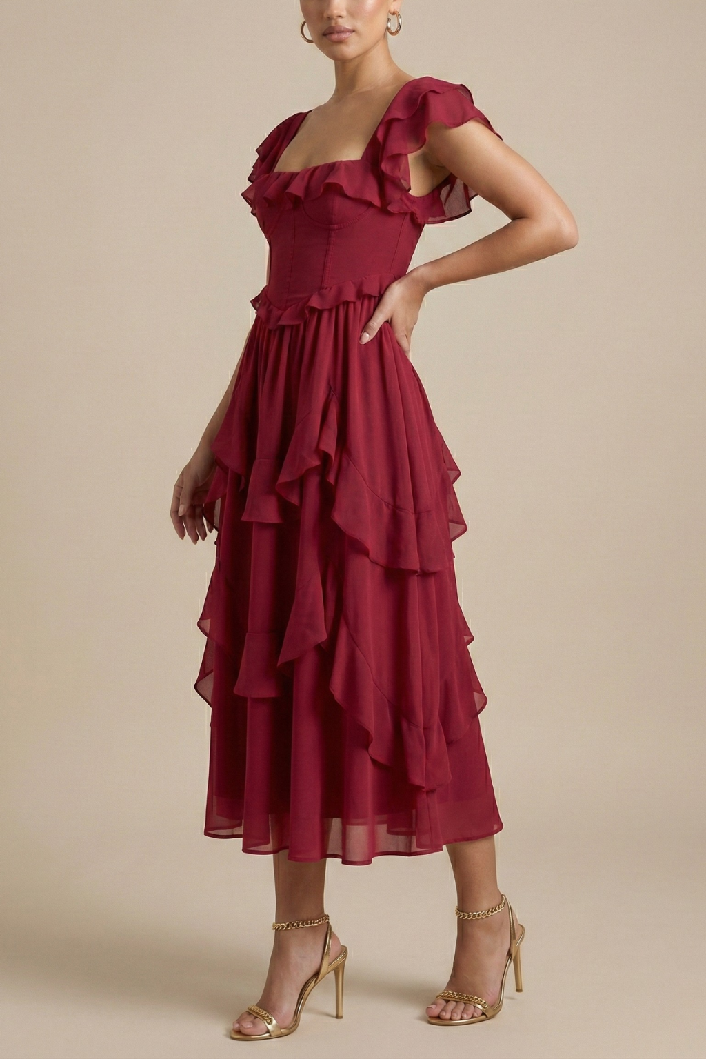 Women’s Layered Ruffle Midi Dress With Flutter Sleeves For Everyday Wear - Image 2