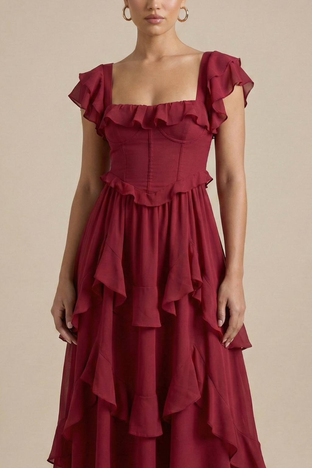Women’s Layered Ruffle Midi Dress With Flutter Sleeves For Everyday Wear - Image 3