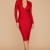 Women's Bodycon Midi Dress With Long Sleeves, Deep V-Neck Wrap-Effect, Centre Back Zip