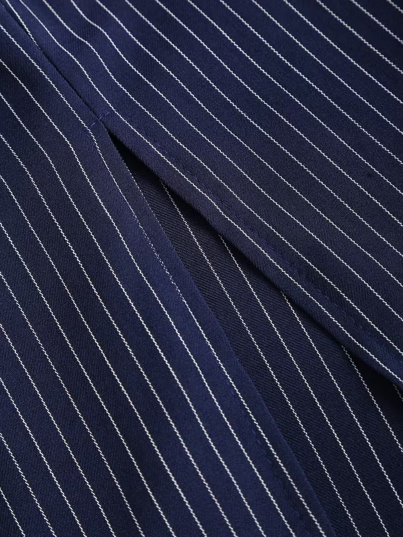 Women's Striped Midi Dress With Notched Lapel And Belted Pencil Cut Style - Image 7