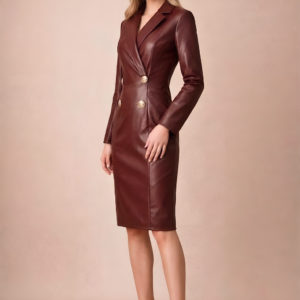 Alternative view of Women's Faux Leather Blazer Dress With Gold Tone Double Breasted Midi