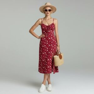 Floral Print Midi Dress With Spaghetti Straps And Front Slit For Women