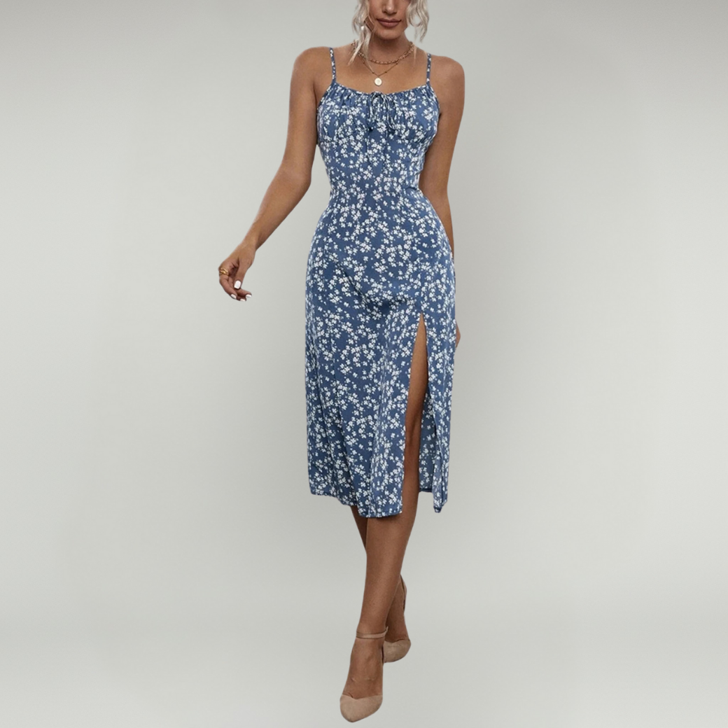 Floral Print Midi Dress With Spaghetti Straps And Front Slit For Women - Image 3