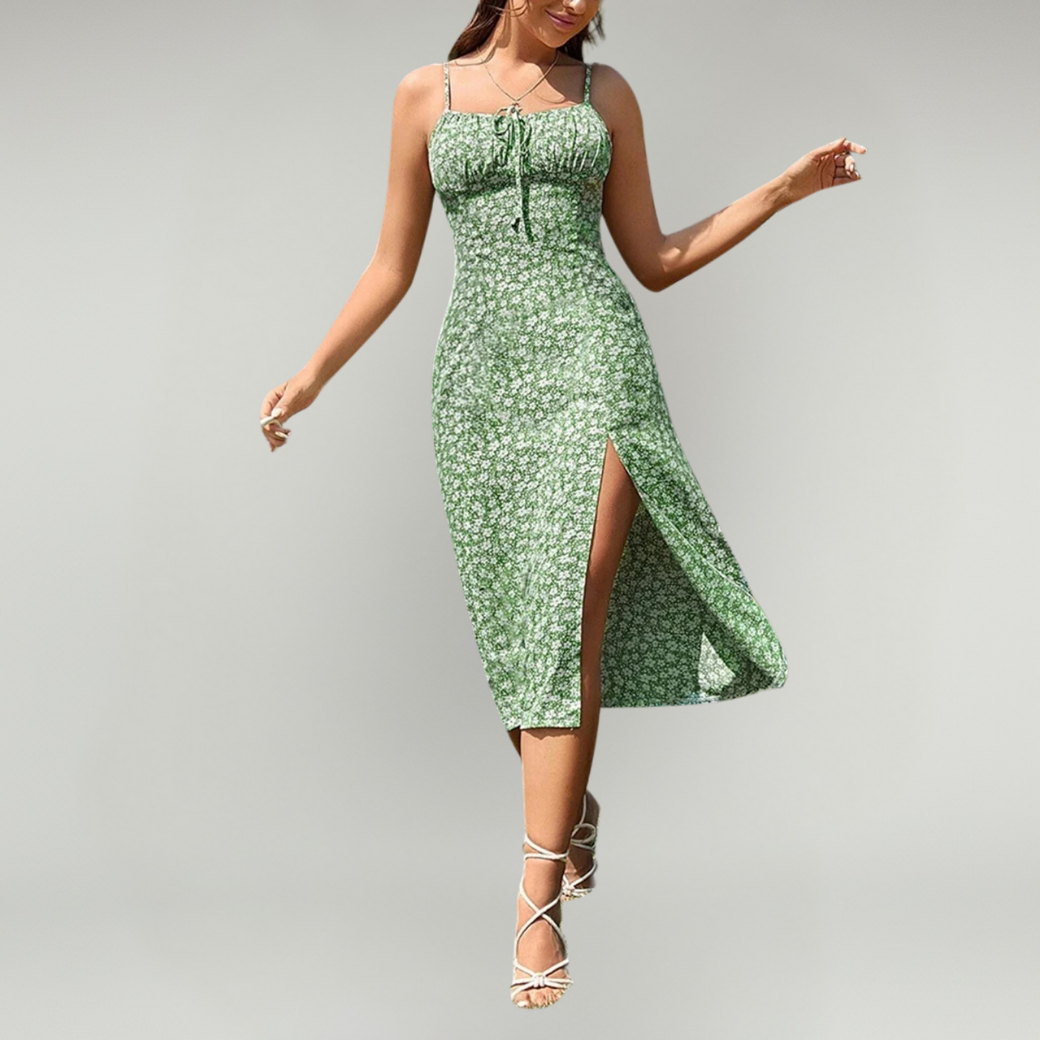 Floral Print Midi Dress With Spaghetti Straps And Front Slit For Women - Image 5