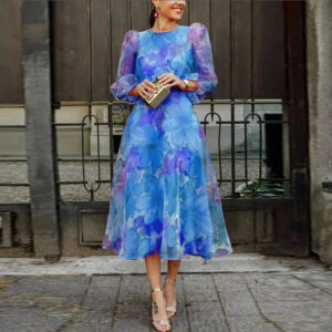 Alternative view of Floral Midi Dress For Women With Long Sleeves And Round Neck A Line Silhouette