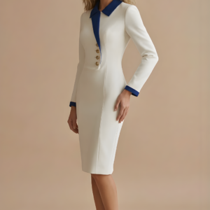 Alternative view of Women's Midi Dress With Contrast Collar And Gold Tone Buttons Long Sleeves
