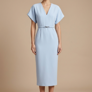 Elegant Women's Midi Dress With V Neck Batwing Sleeves And Belted Pencil Cut