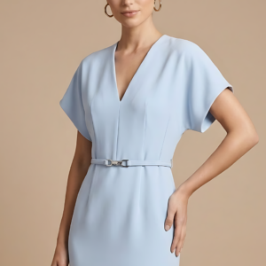 Alternative view of Elegant Women's Midi Dress With V Neck Batwing Sleeves And Belted Pencil Cut
