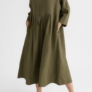 Women's Relaxed Fit Midi Dress With Wide Silhouette And Front Pleat Detailing