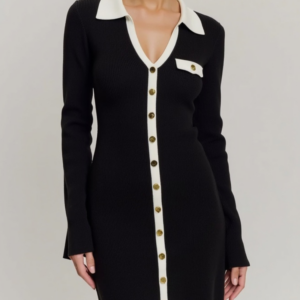 Women's Mini Knit Dress With Button Front, Contrast Trim, And Collared