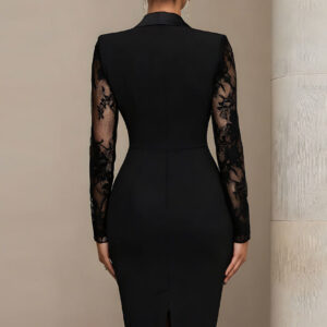 Alternative view of Elegant Black Lace Blazer Midi Dress With Shawl Collar And Long Sleeves
