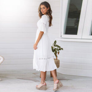 Alternative view of White V Neck Midi Dress With Lace Trim, Flutter Sleeves And Elastic Waist