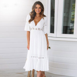 White V Neck Midi Dress With Lace Trim, Flutter Sleeves And Elastic Waist