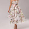 Elegant All Over Floral Print Strapless Midi Dress With Full Skirt For Women