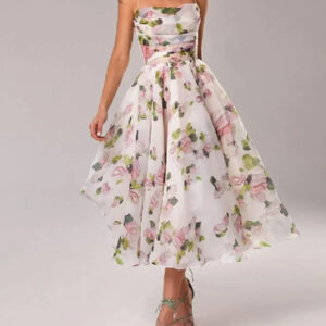 Elegant All Over Floral Print Strapless Midi Dress With Full Skirt For Women